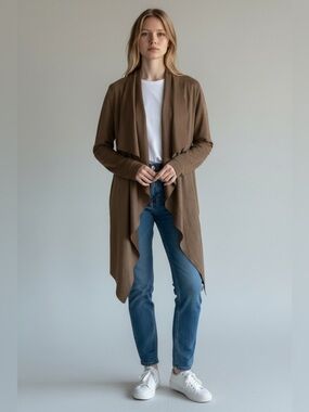 2/$30 JustFab Brown Faux Suede Waterfall Open Front Cardigan